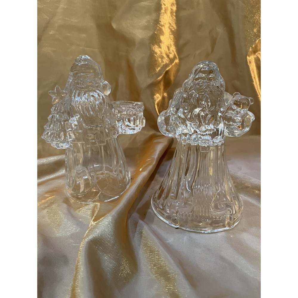 (2) 7.5" Clear Glass Santa Clause Candle Stick Holder